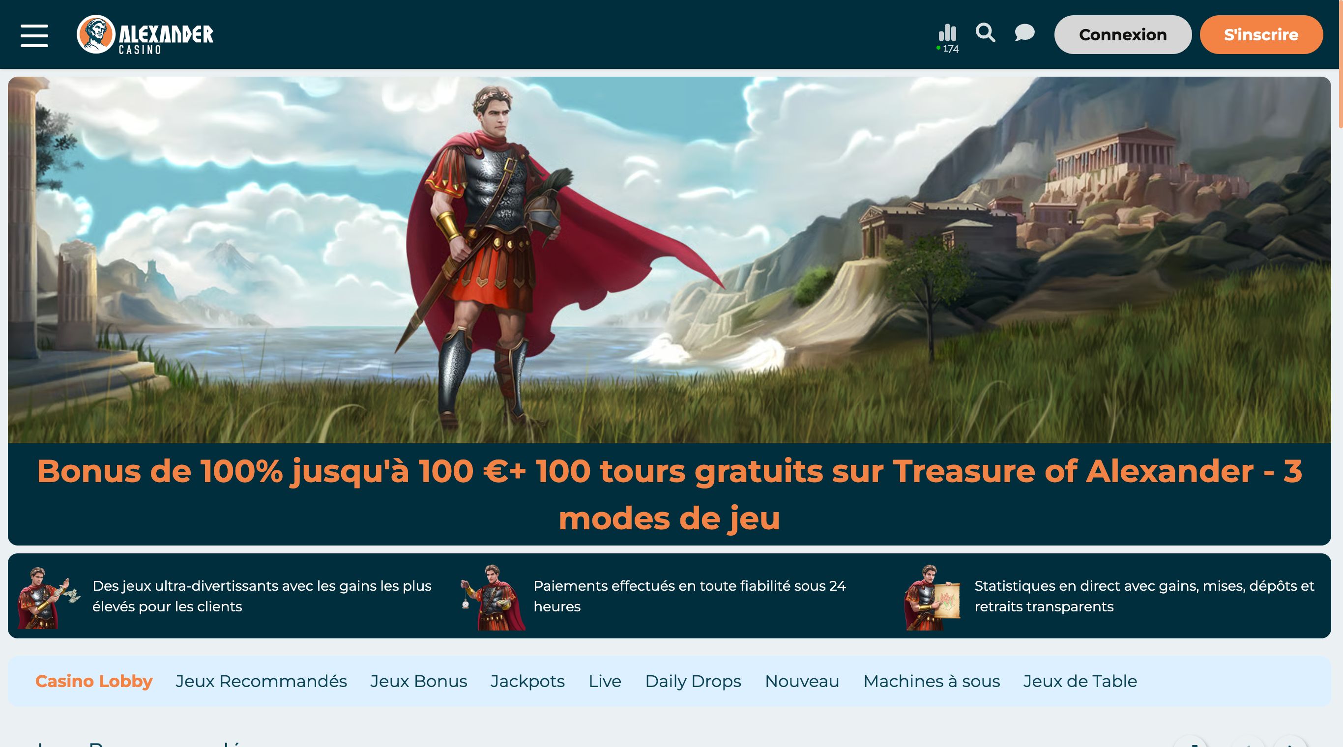 Lobby d'Alexander Casino en français, avec le bonus de bienvenue affiché