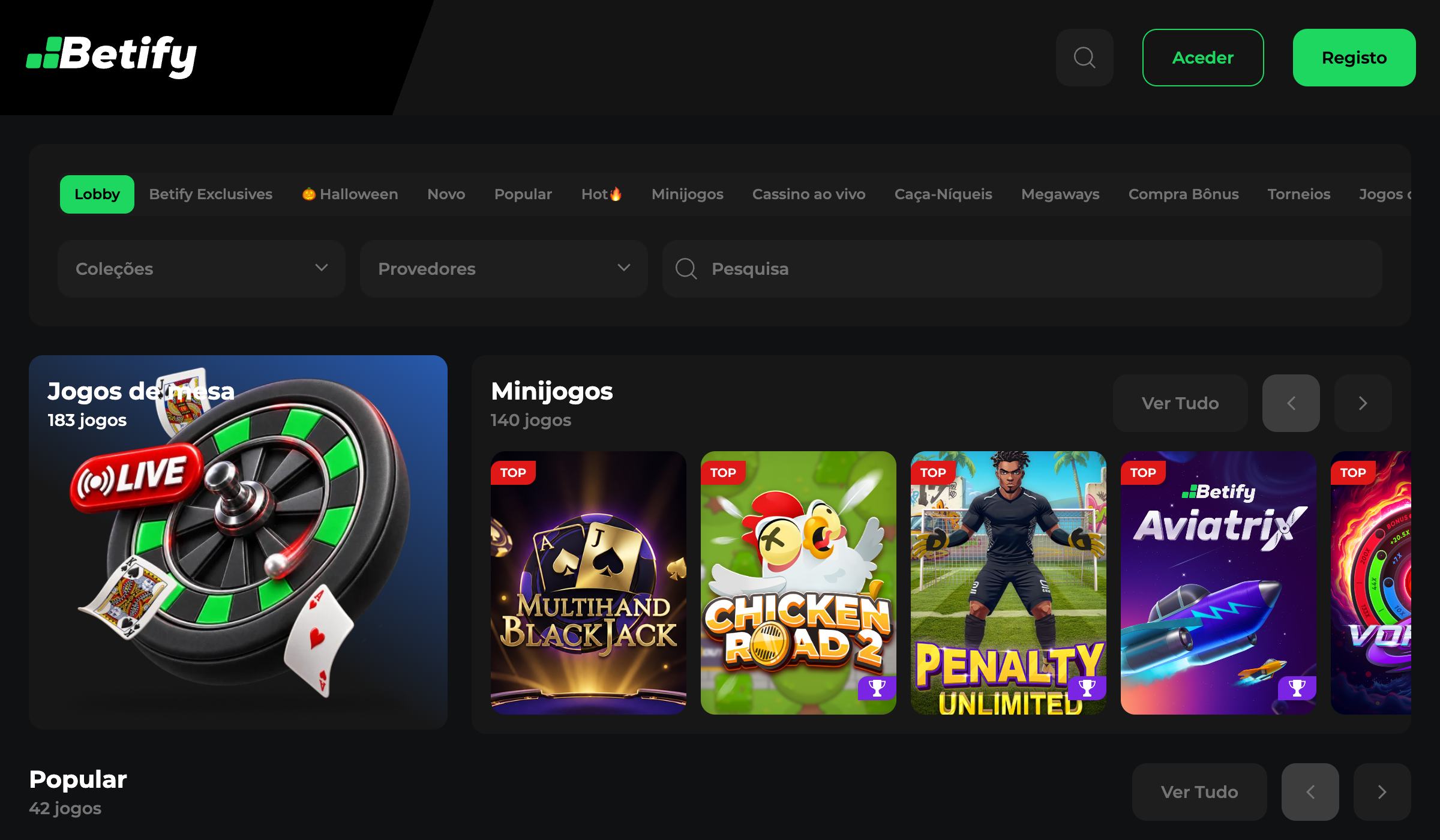 Lobby de Betify Casino affiché en portugais, octobre 2026