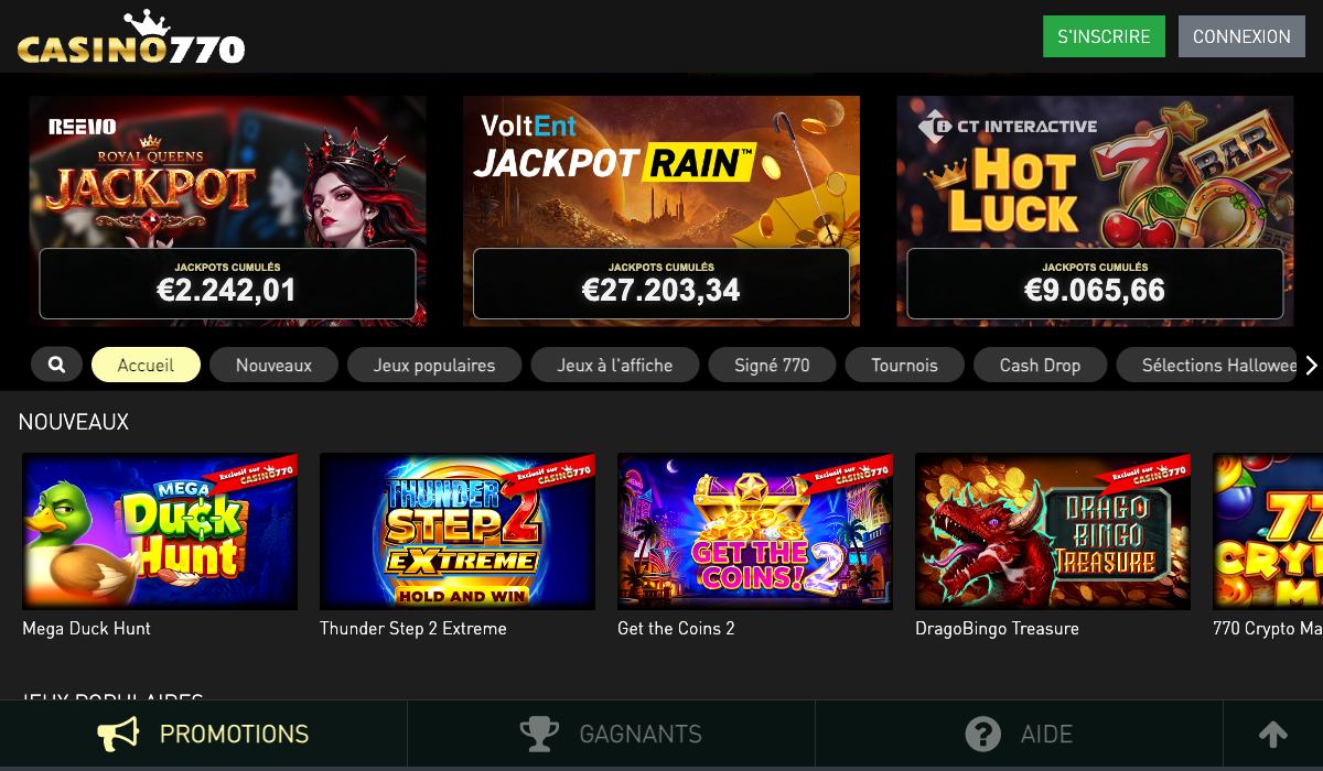 Lobby de Casino 770 avec les jackpots progressifs, octobre 2026