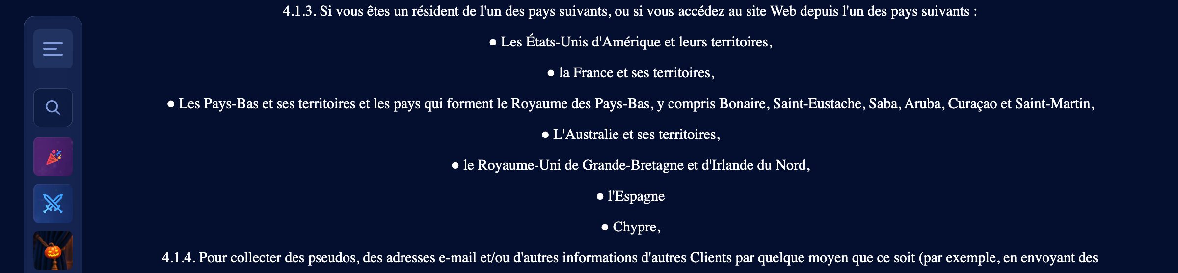 Conditions generales de Celsius Casino en francais : la France est exclue