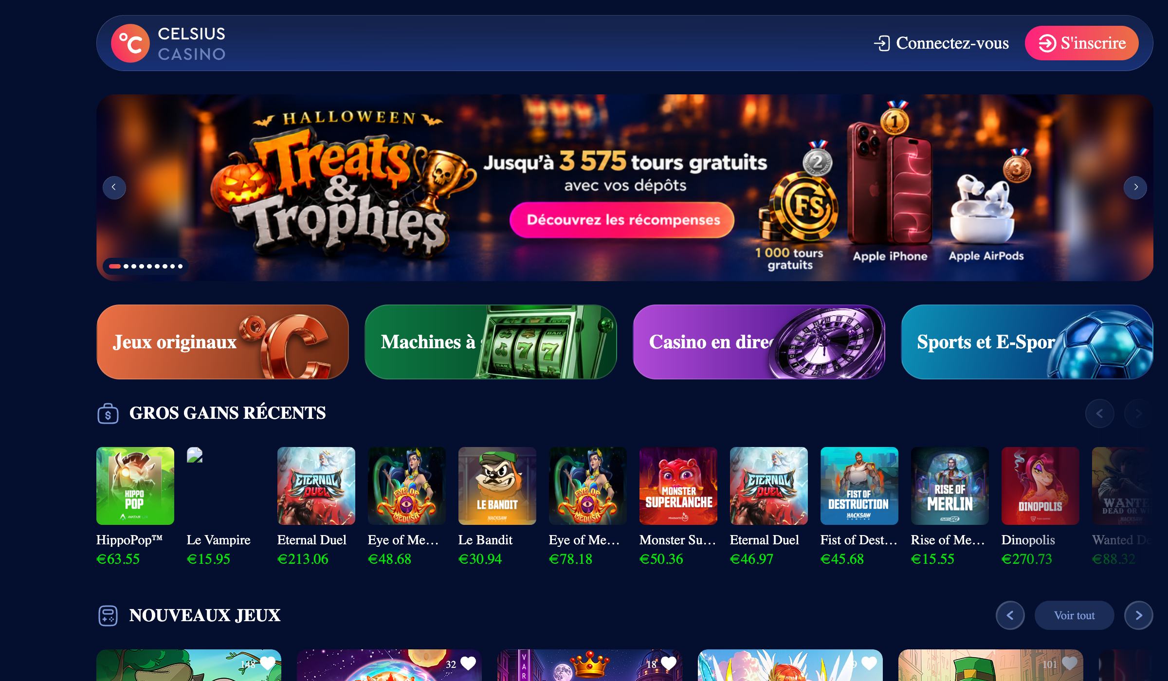 Lobby de Celsius Casino en français, octobre 2026