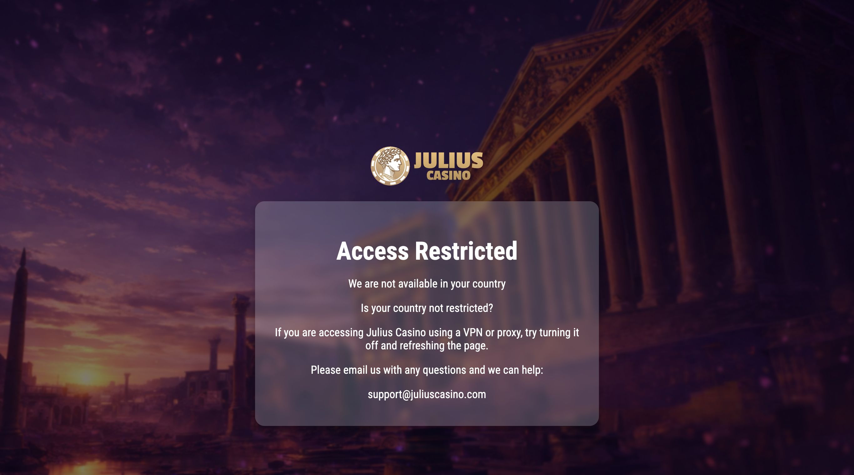 Page d'Access Restricted de Julius Casino : we are not available in your country