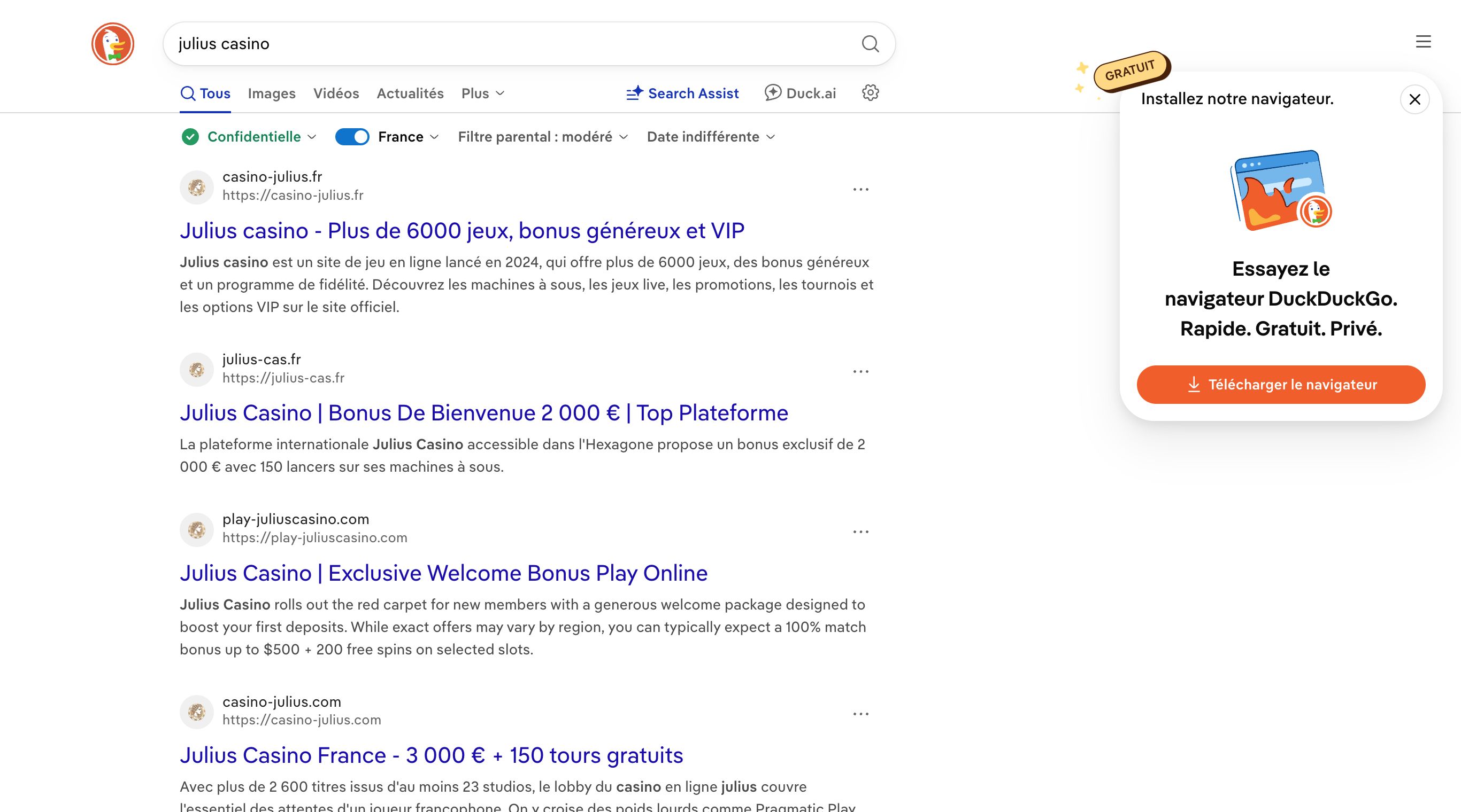 Résultats de recherche sur julius casino : quatre sites tiers, quatre bonus différents